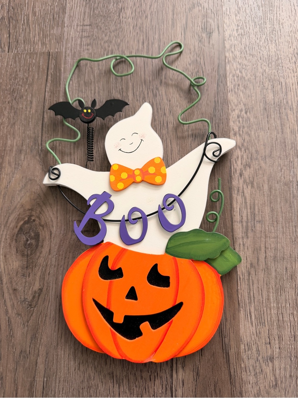 NEW Halloween Ghost & Pumpkin Wall Hanging - Orange, White, Purple - 11” x 6.5”